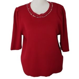 NWT Nanette Lepore Red Sweater Embellished 3/4 Sleeves Size XL